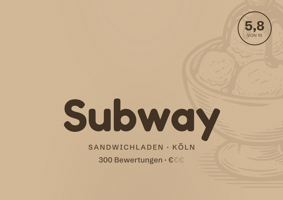 Illustriertes Poster von Subway, Sandwichladen in Köln: Bewertung 5,8 von 10 aus 300 Bewertungen, Preisniveau €