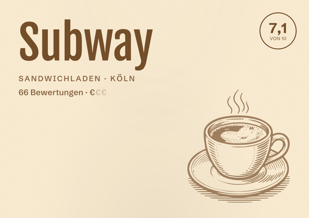 Illustriertes Poster von Subway, Sandwichladen in Köln: Bewertung 7,1 von 10 aus 66 Bewertungen, Preisniveau €