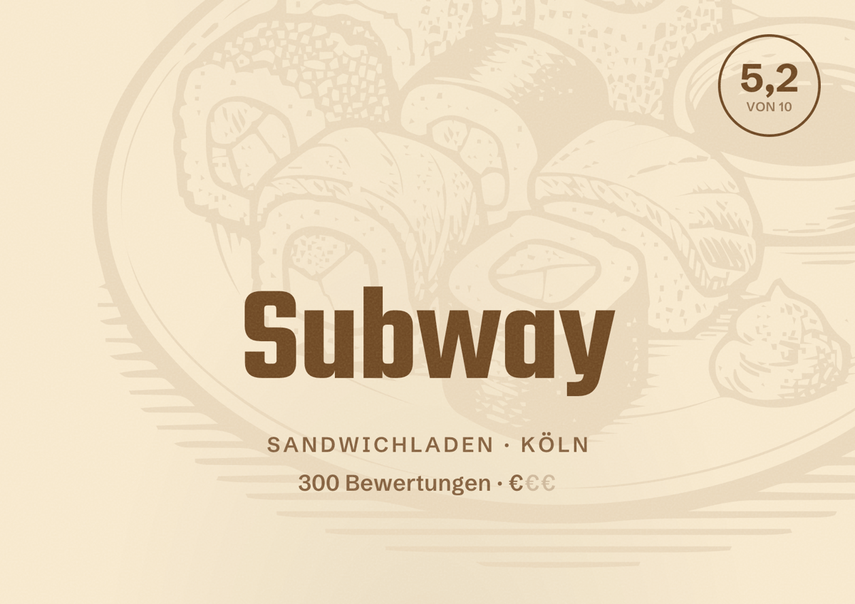 Illustriertes Poster von Subway, Sandwichladen in Köln: Bewertung 5,2 von 10 aus 300 Bewertungen, Preisniveau €