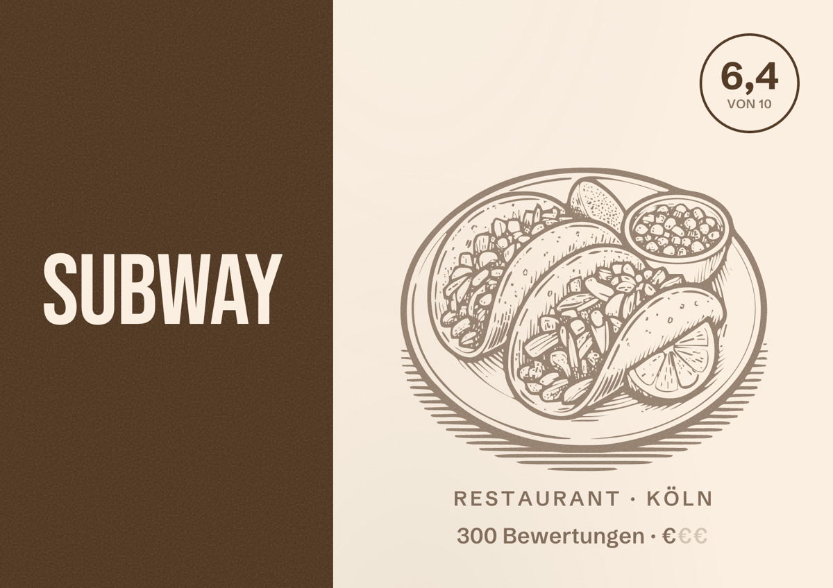 Illustriertes Poster von Subway, Restaurant in Köln: Bewertung 6,4 von 10 aus 300 Bewertungen, Preisniveau €
