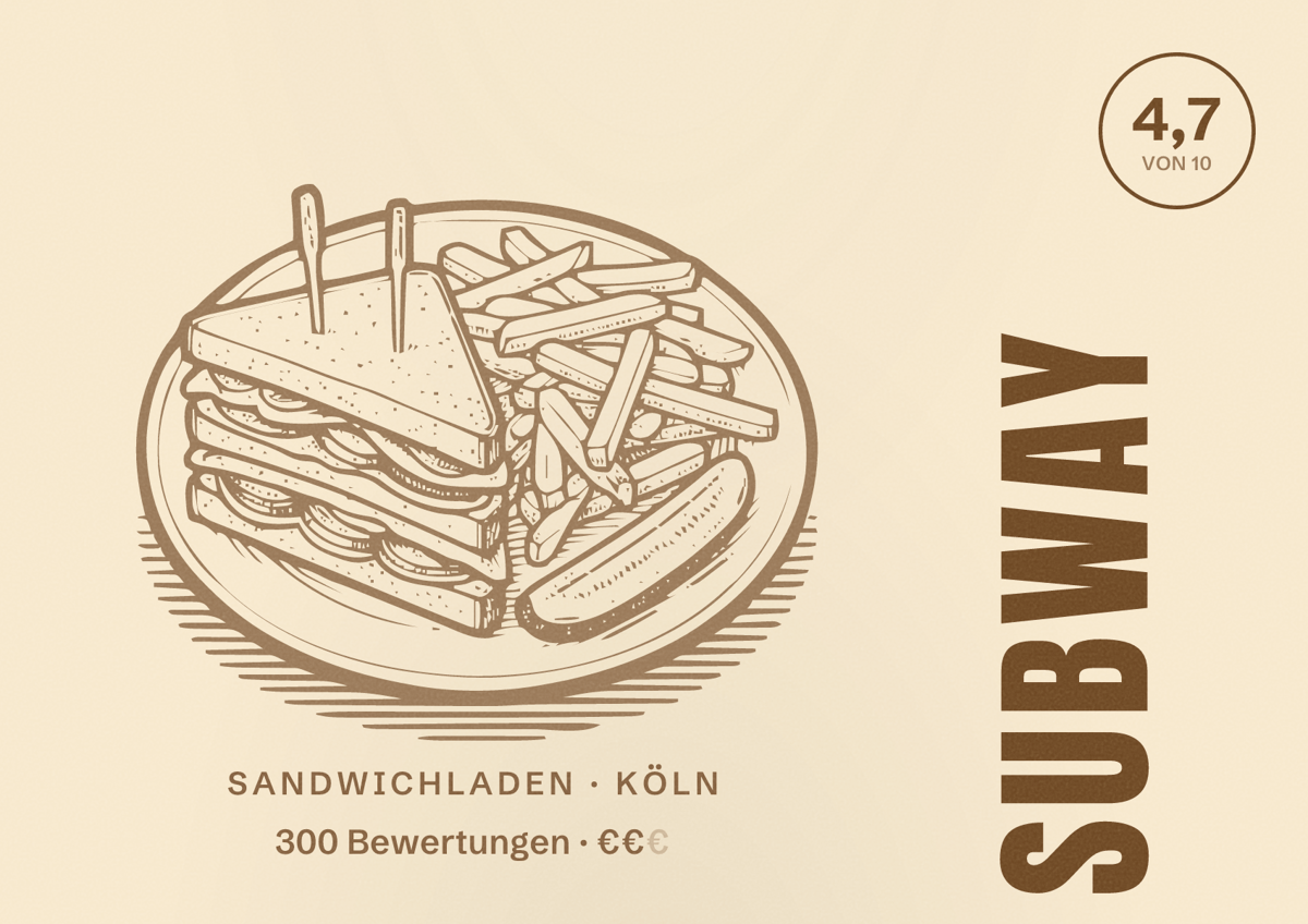 Illustriertes Poster von Subway, Sandwichladen in Köln: Bewertung 4,7 von 10 aus 300 Bewertungen, Preisniveau €€