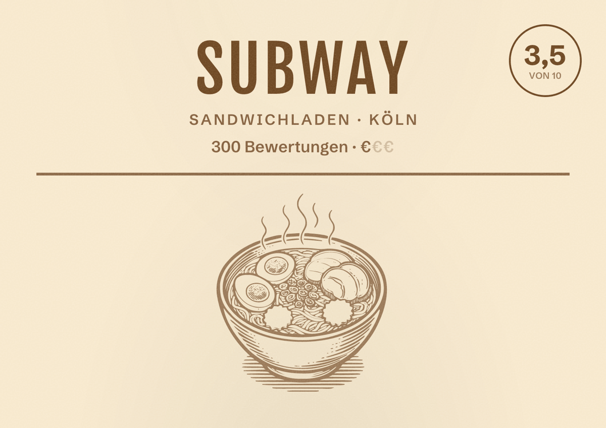 Illustriertes Poster von Subway, Sandwichladen in Köln: Bewertung 3,5 von 10 aus 300 Bewertungen, Preisniveau €