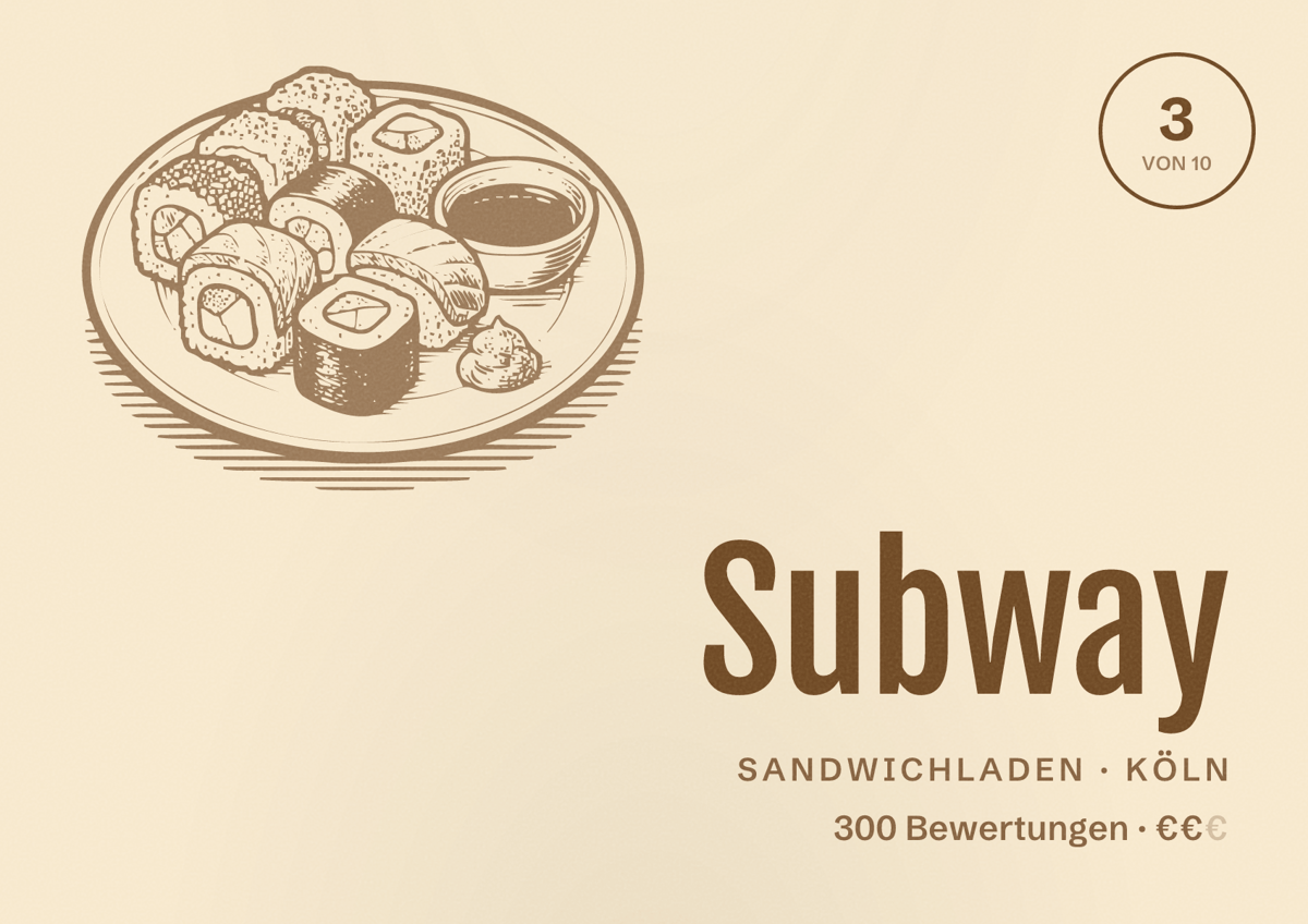 Illustriertes Poster von Subway, Sandwichladen in Köln: Bewertung 3,0 von 10 aus 300 Bewertungen, Preisniveau €€