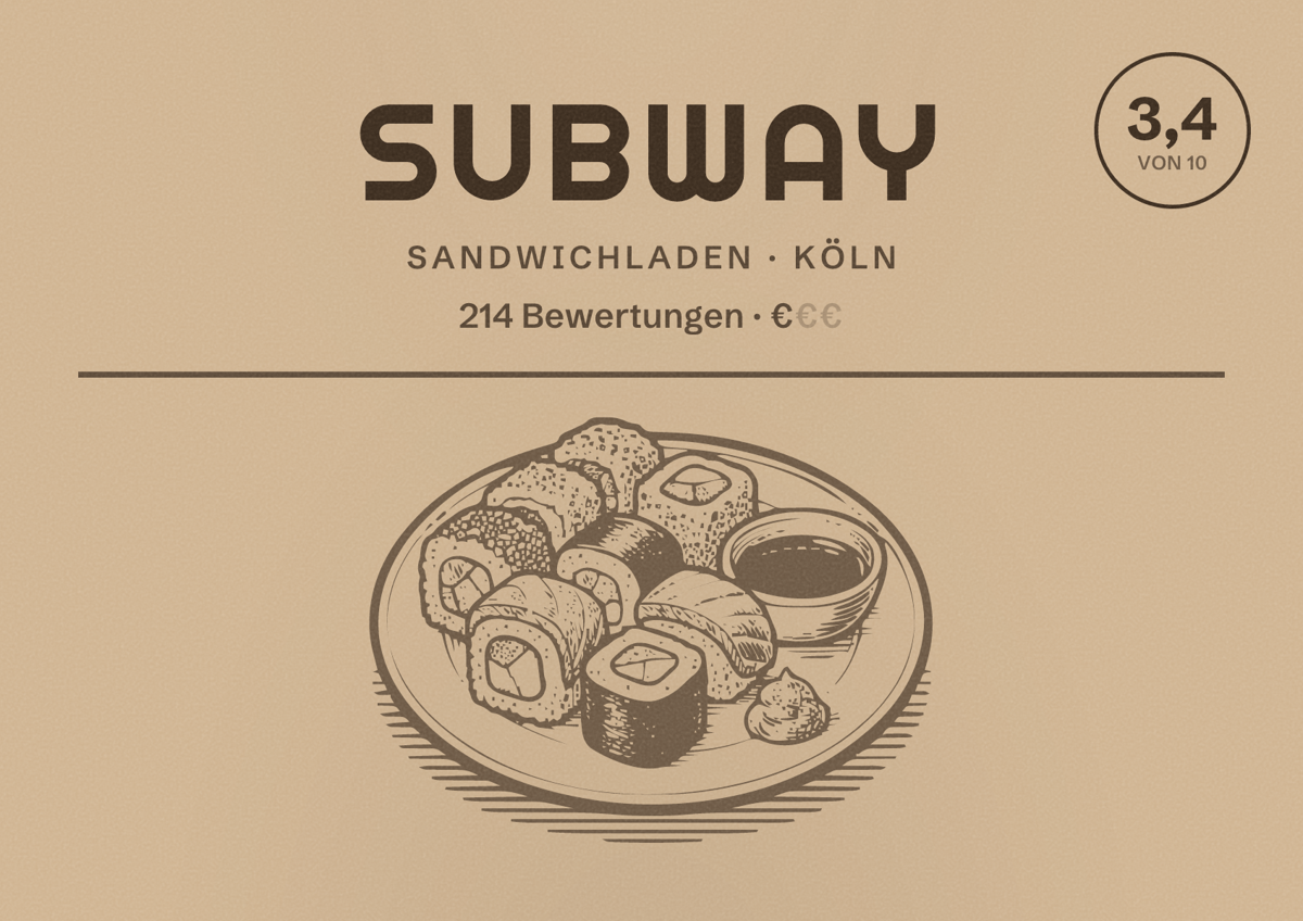 Illustriertes Poster von Subway, Sandwichladen in Köln: Bewertung 3,4 von 10 aus 214 Bewertungen, Preisniveau €