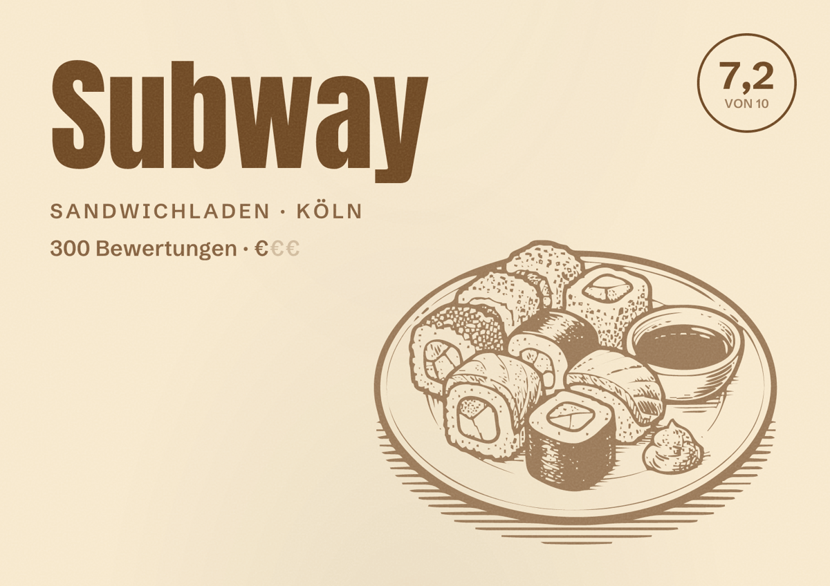 Illustriertes Poster von Subway, Sandwichladen in Köln: Bewertung 7,2 von 10 aus 300 Bewertungen, Preisniveau €