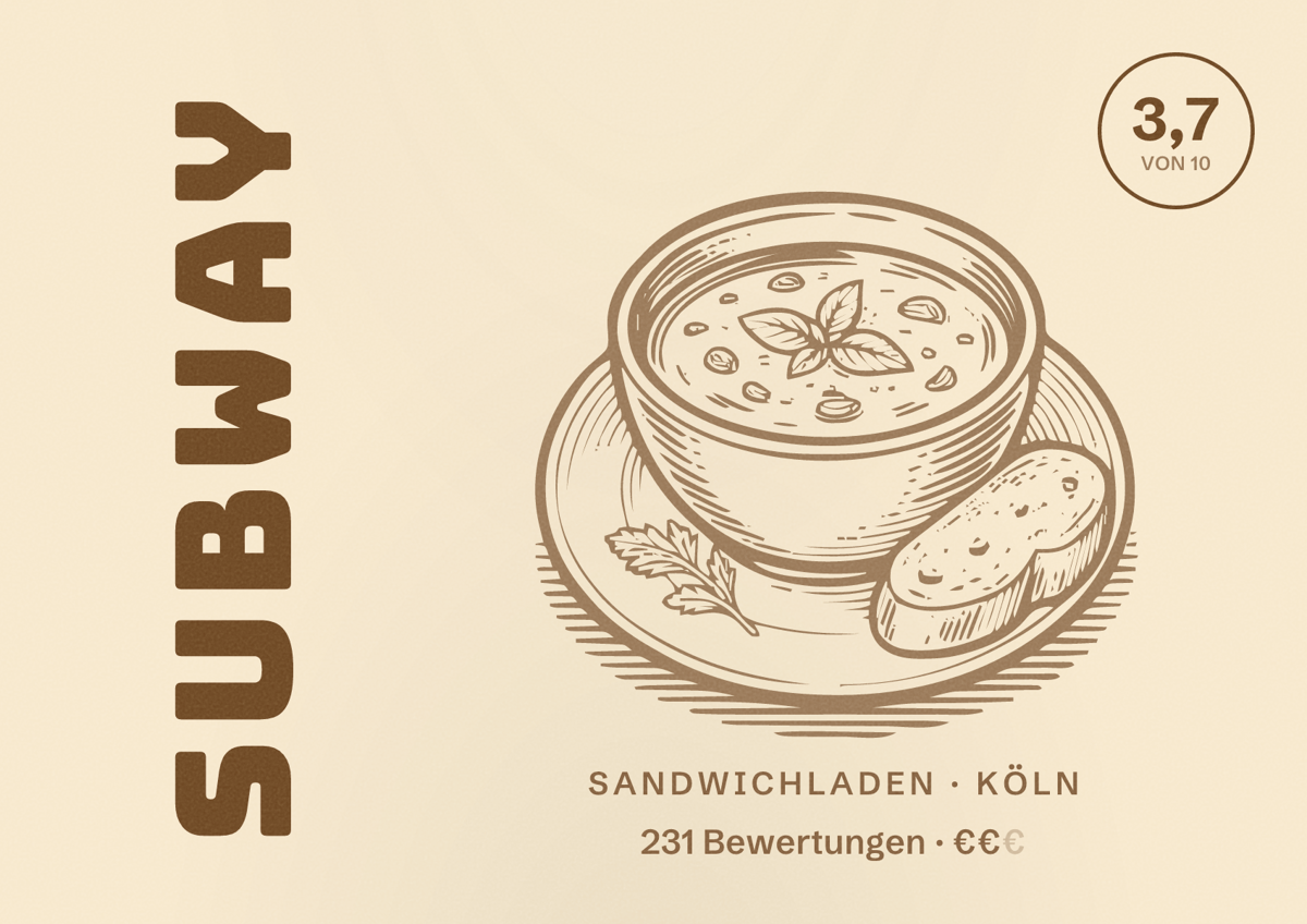 Illustriertes Poster von Subway, Sandwichladen in Köln: Bewertung 3,7 von 10 aus 231 Bewertungen, Preisniveau €€