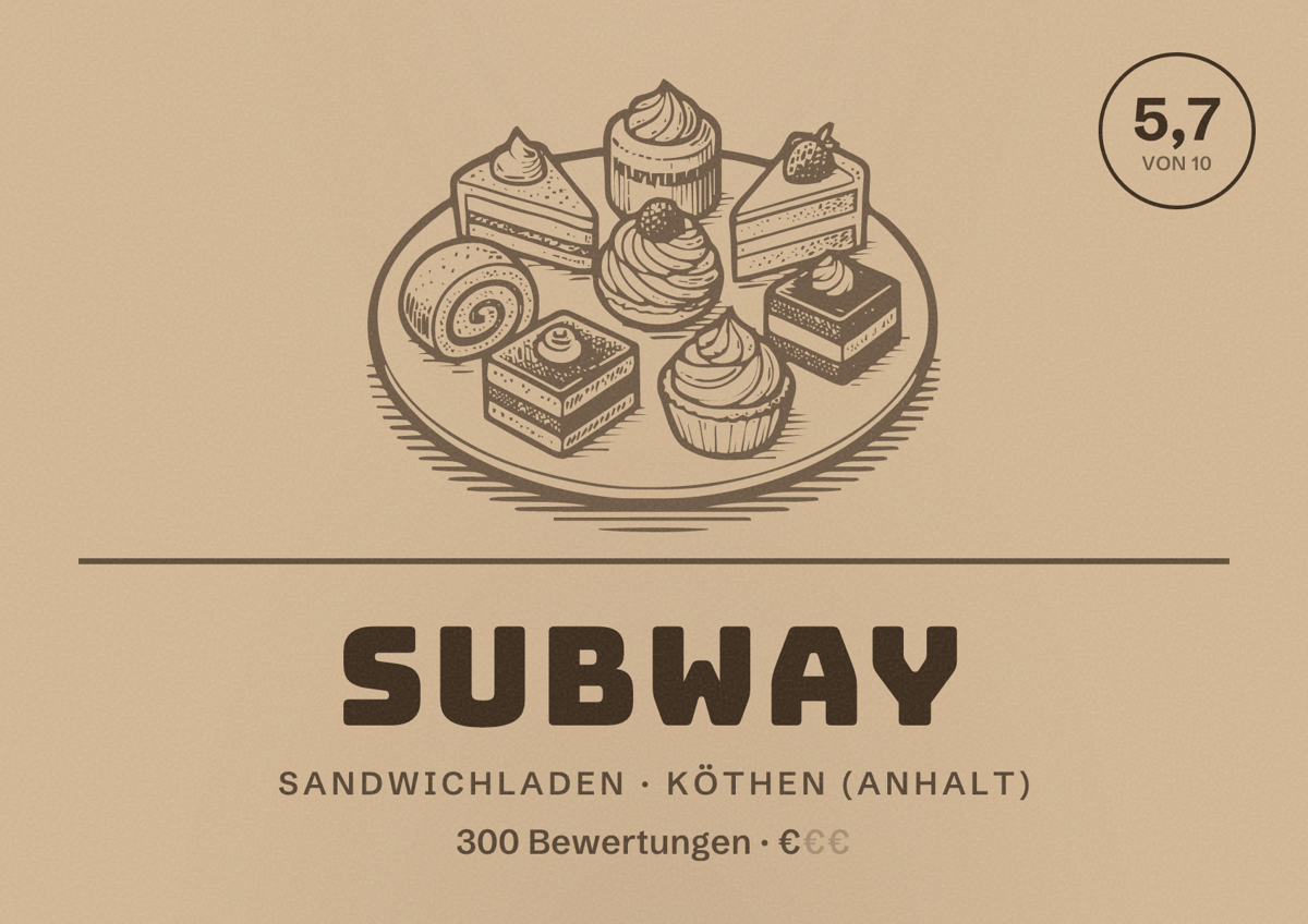 Illustriertes Poster von Subway, Sandwichladen in Köthen (Anhalt): Bewertung 5,7 von 10 aus 300 Bewertungen, Preisniveau €
