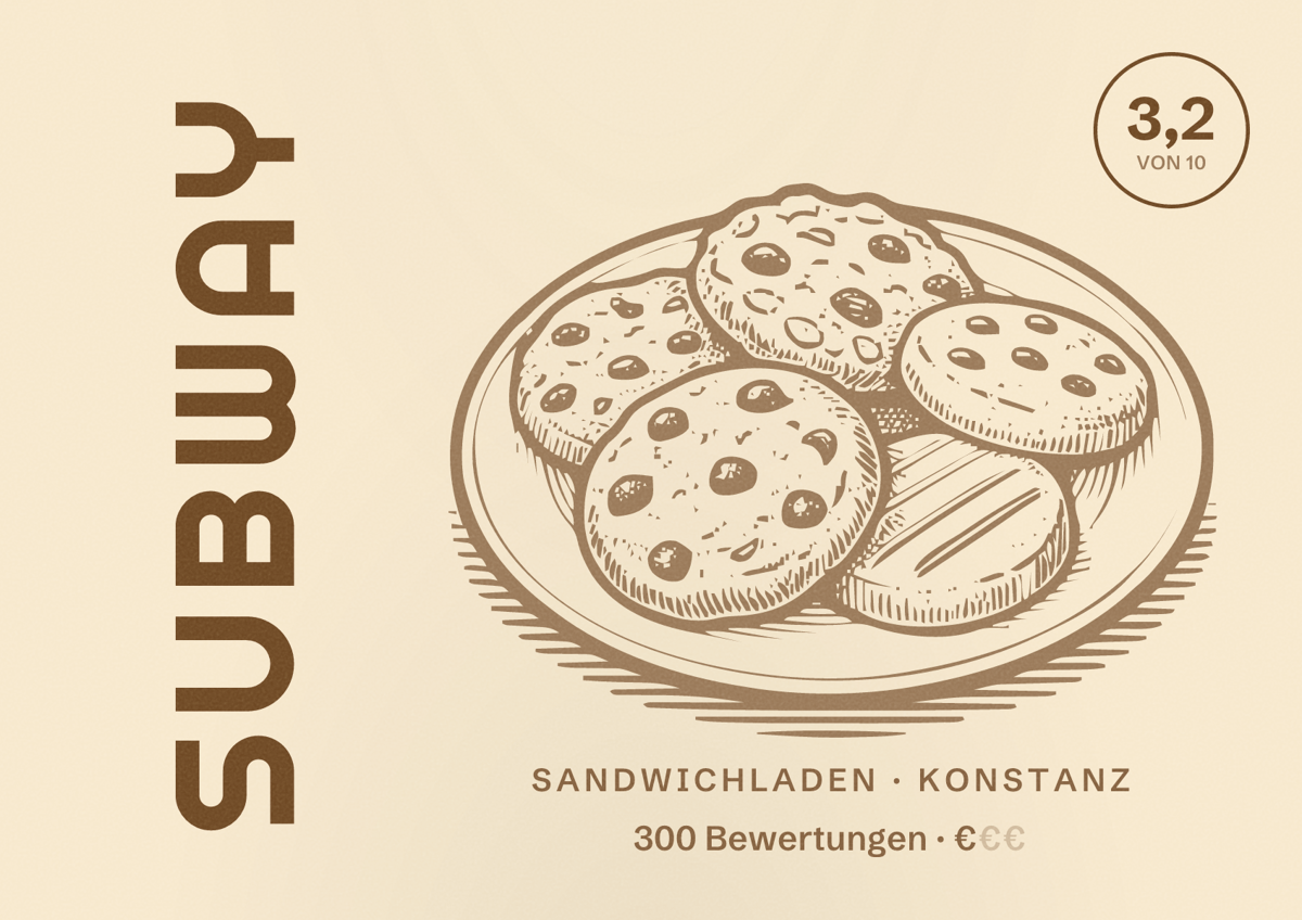 Illustriertes Poster von Subway, Sandwichladen in Konstanz: Bewertung 3,2 von 10 aus 300 Bewertungen, Preisniveau €