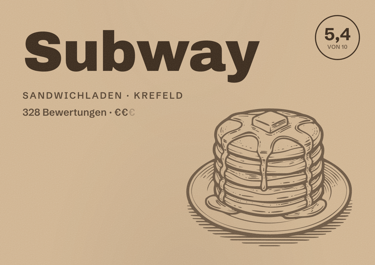 Illustriertes Poster von Subway, Sandwichladen in Krefeld: Bewertung 5,4 von 10 aus 328 Bewertungen, Preisniveau €€