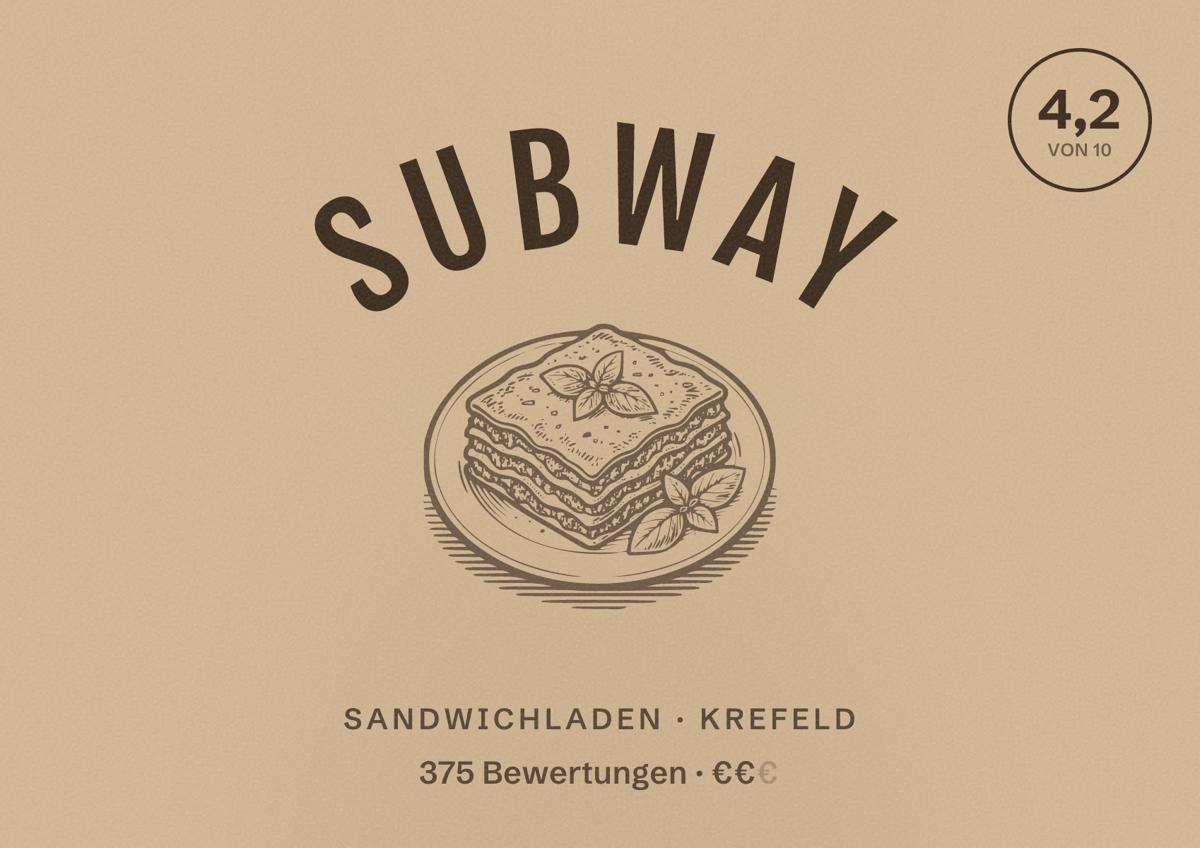 Illustriertes Poster von Subway, Sandwichladen in Krefeld: Bewertung 4,2 von 10 aus 375 Bewertungen, Preisniveau €€