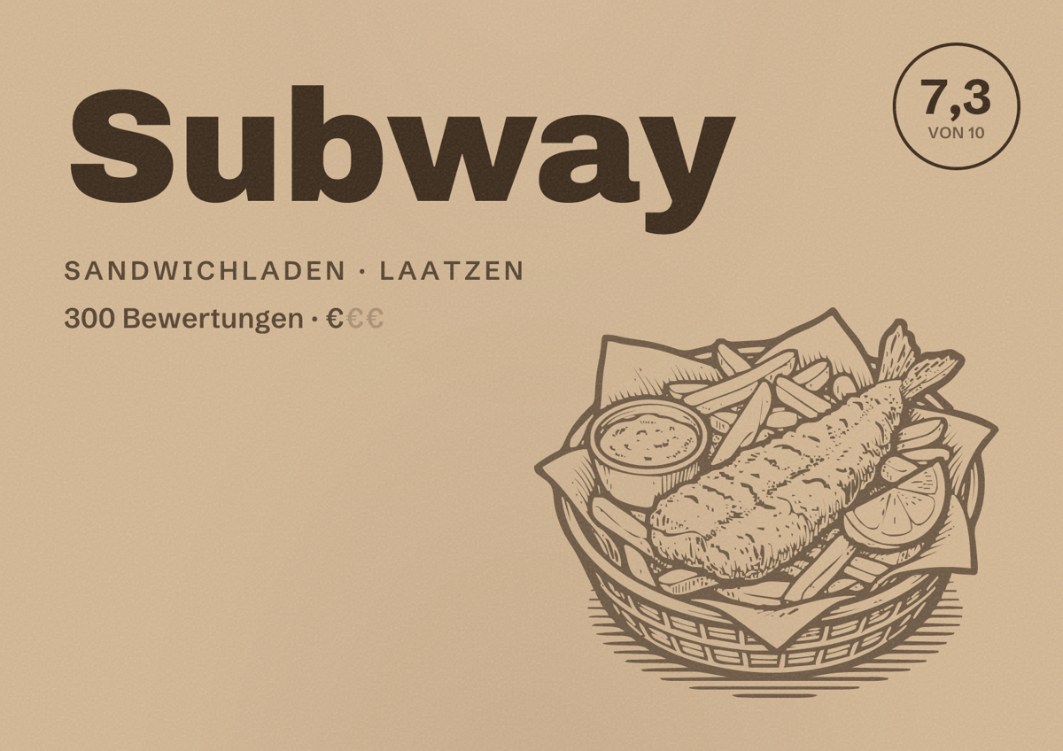 Illustriertes Poster von Subway, Sandwichladen in Laatzen: Bewertung 7,3 von 10 aus 300 Bewertungen, Preisniveau €