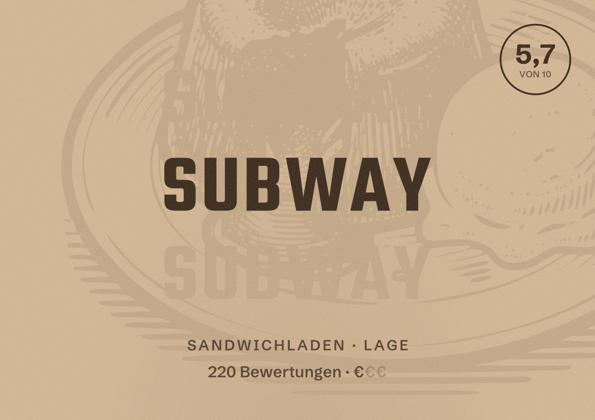 Illustriertes Poster von Subway, Sandwichladen in Lage: Bewertung 5,7 von 10 aus 220 Bewertungen, Preisniveau €