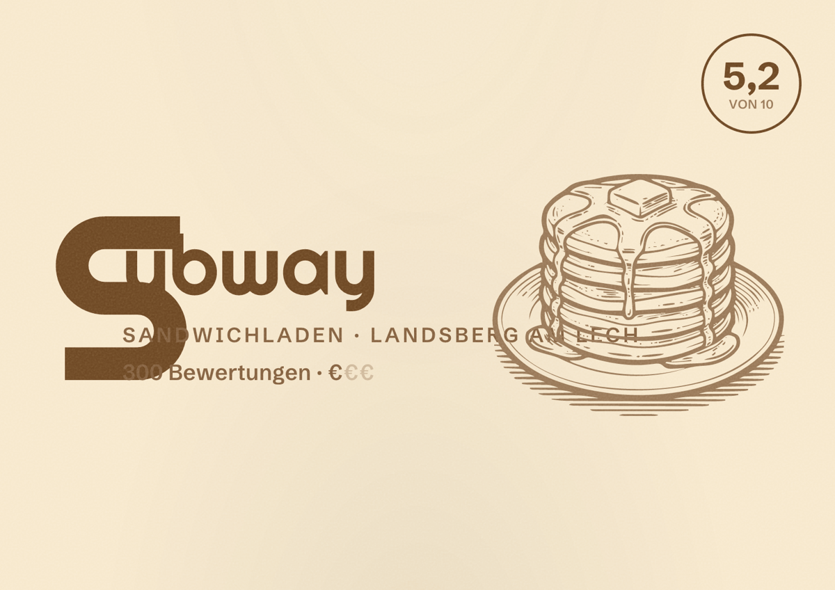 Illustriertes Poster von Subway, Sandwichladen in Landsberg am Lech: Bewertung 5,2 von 10 aus 300 Bewertungen, Preisniveau €