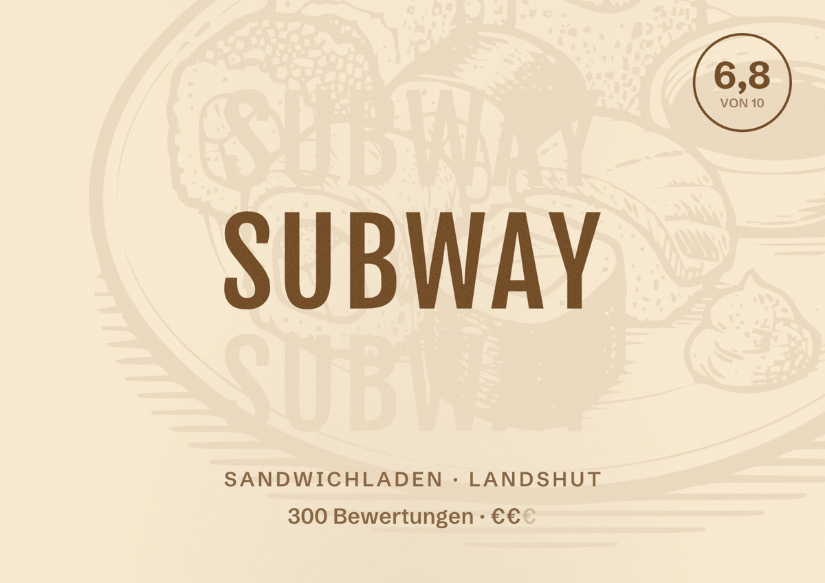 Illustriertes Poster von Subway, Sandwichladen in Landshut: Bewertung 6,8 von 10 aus 300 Bewertungen, Preisniveau €€