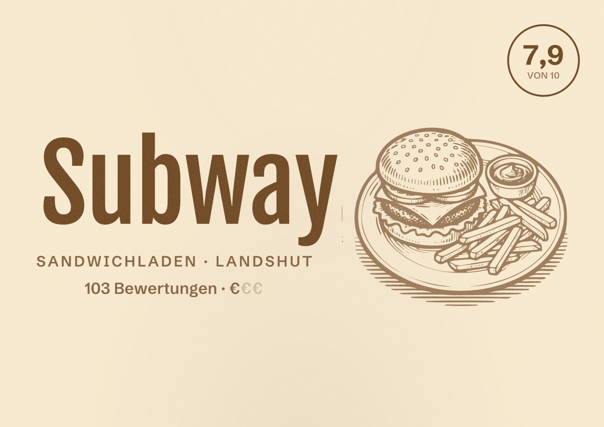 Illustriertes Poster von Subway, Sandwichladen in Landshut: Bewertung 7,9 von 10 aus 103 Bewertungen, Preisniveau €