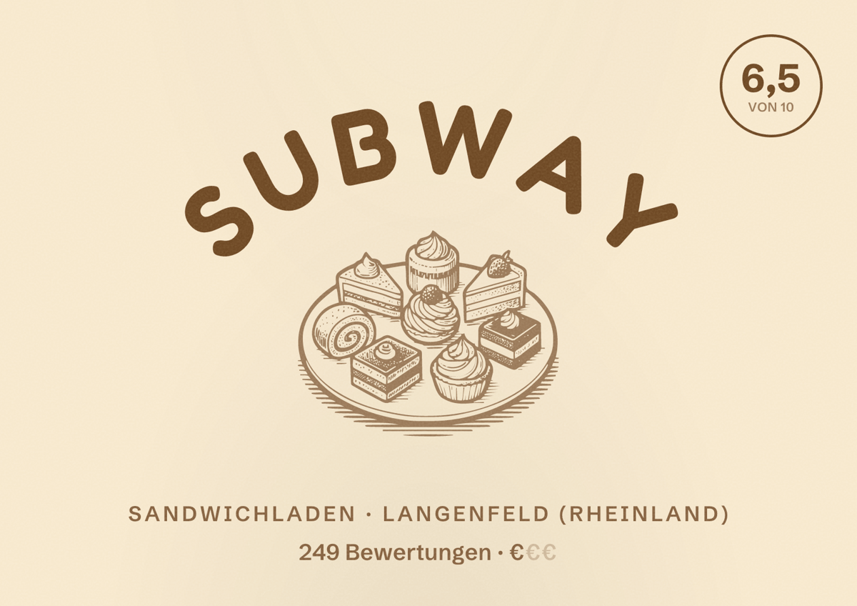 Illustriertes Poster von Subway, Sandwichladen in Langenfeld (Rheinland): Bewertung 6,5 von 10 aus 249 Bewertungen, Preisniveau €