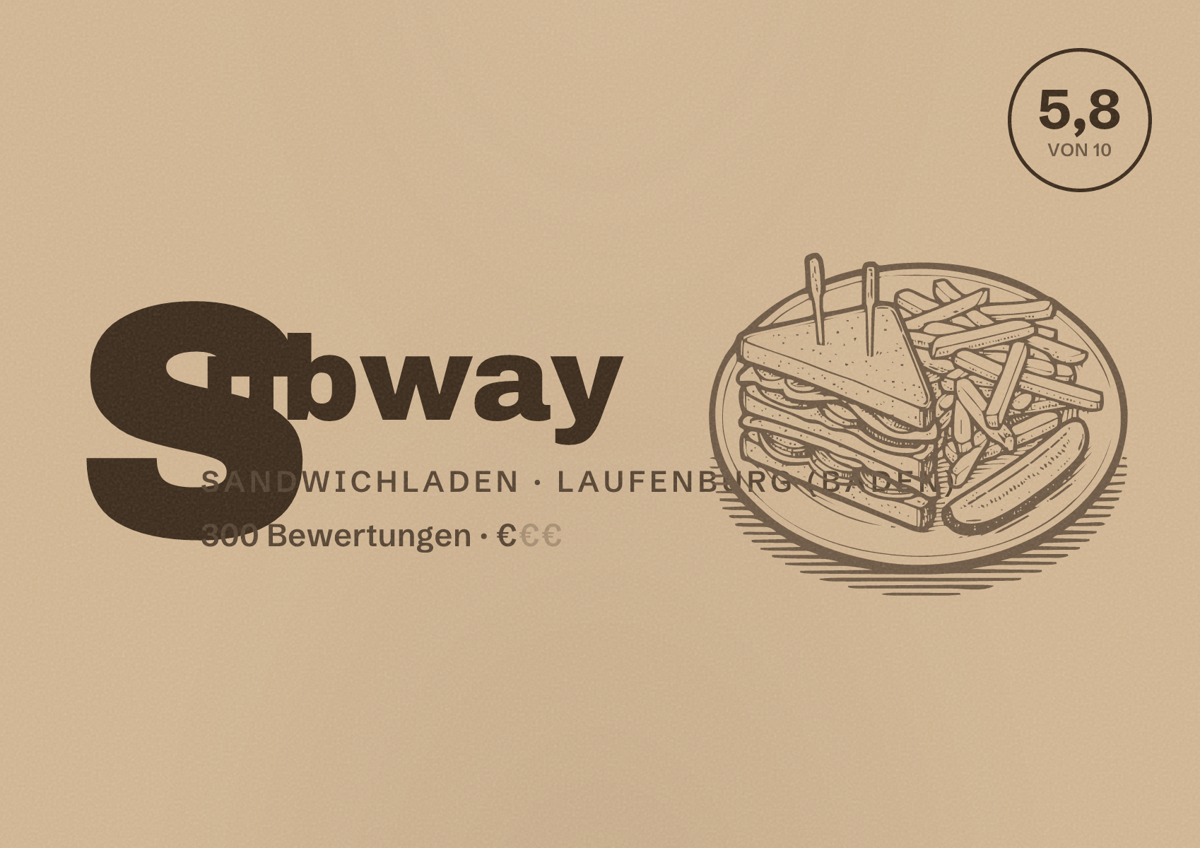 Illustriertes Poster von Subway, Sandwichladen in Laufenburg (Baden): Bewertung 5,8 von 10 aus 300 Bewertungen, Preisniveau €