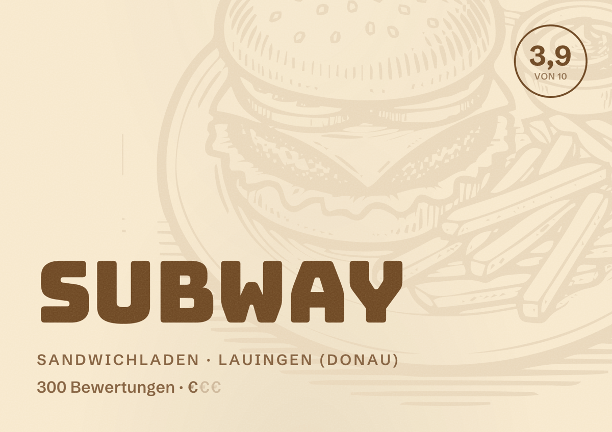 Illustriertes Poster von Subway, Sandwichladen in Lauingen (Donau): Bewertung 3,9 von 10 aus 300 Bewertungen, Preisniveau €