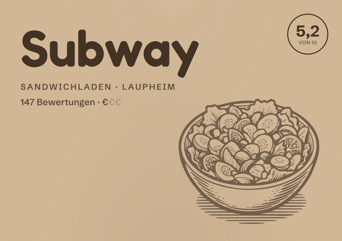 Illustriertes Poster von Subway, Sandwichladen in Laupheim: Bewertung 5,2 von 10 aus 147 Bewertungen, Preisniveau €