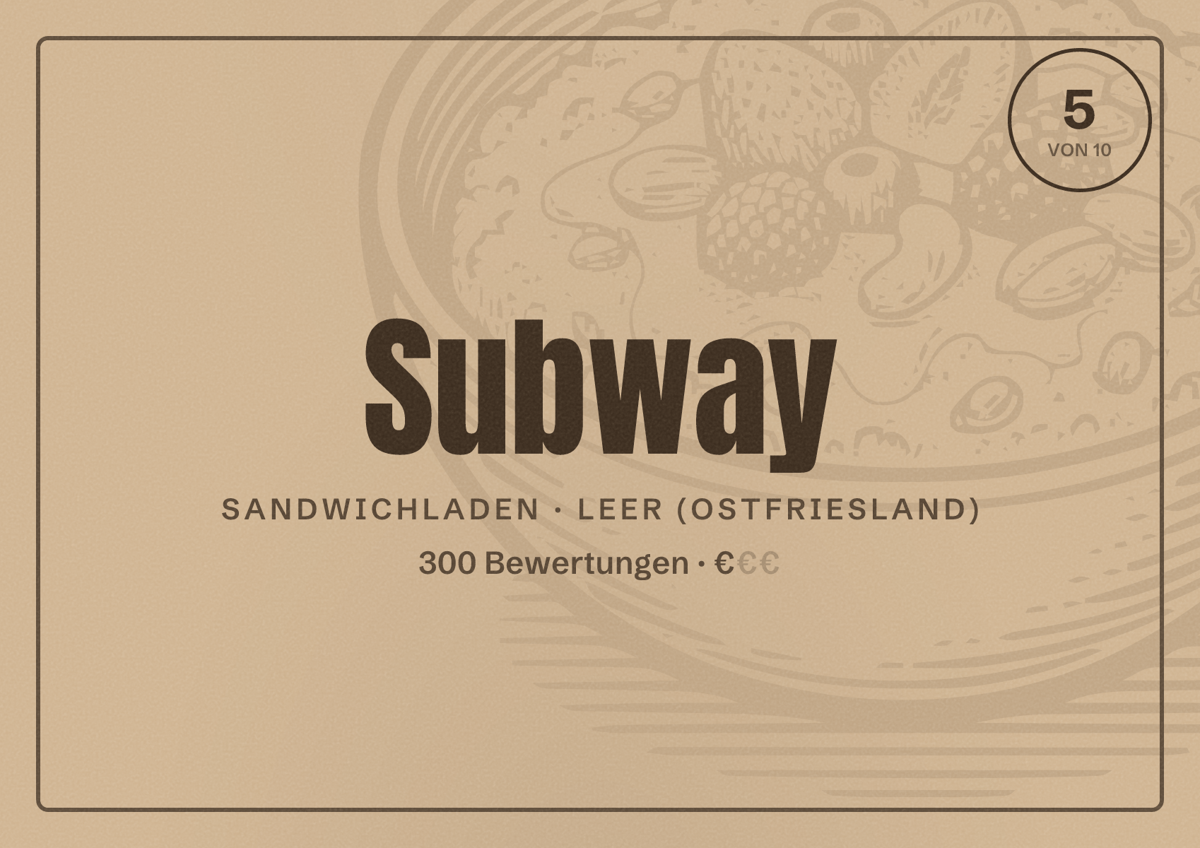 Illustriertes Poster von Subway, Sandwichladen in Leer (Ostfriesland): Bewertung 5 von 10 aus 300 Bewertungen, Preisniveau €