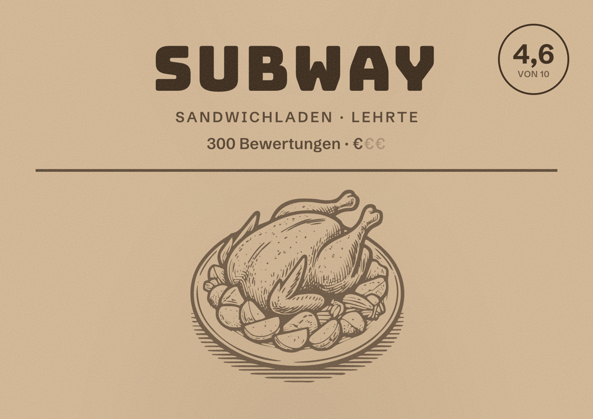 Illustriertes Poster von Subway, Sandwichladen in Lehrte: Bewertung 4,6 von 10 aus 300 Bewertungen, Preisniveau €