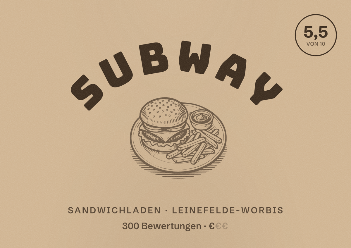 Illustriertes Poster von Subway, Sandwichladen in Leinefelde-Worbis: Bewertung 5,5 von 10 aus 300 Bewertungen, Preisniveau €
