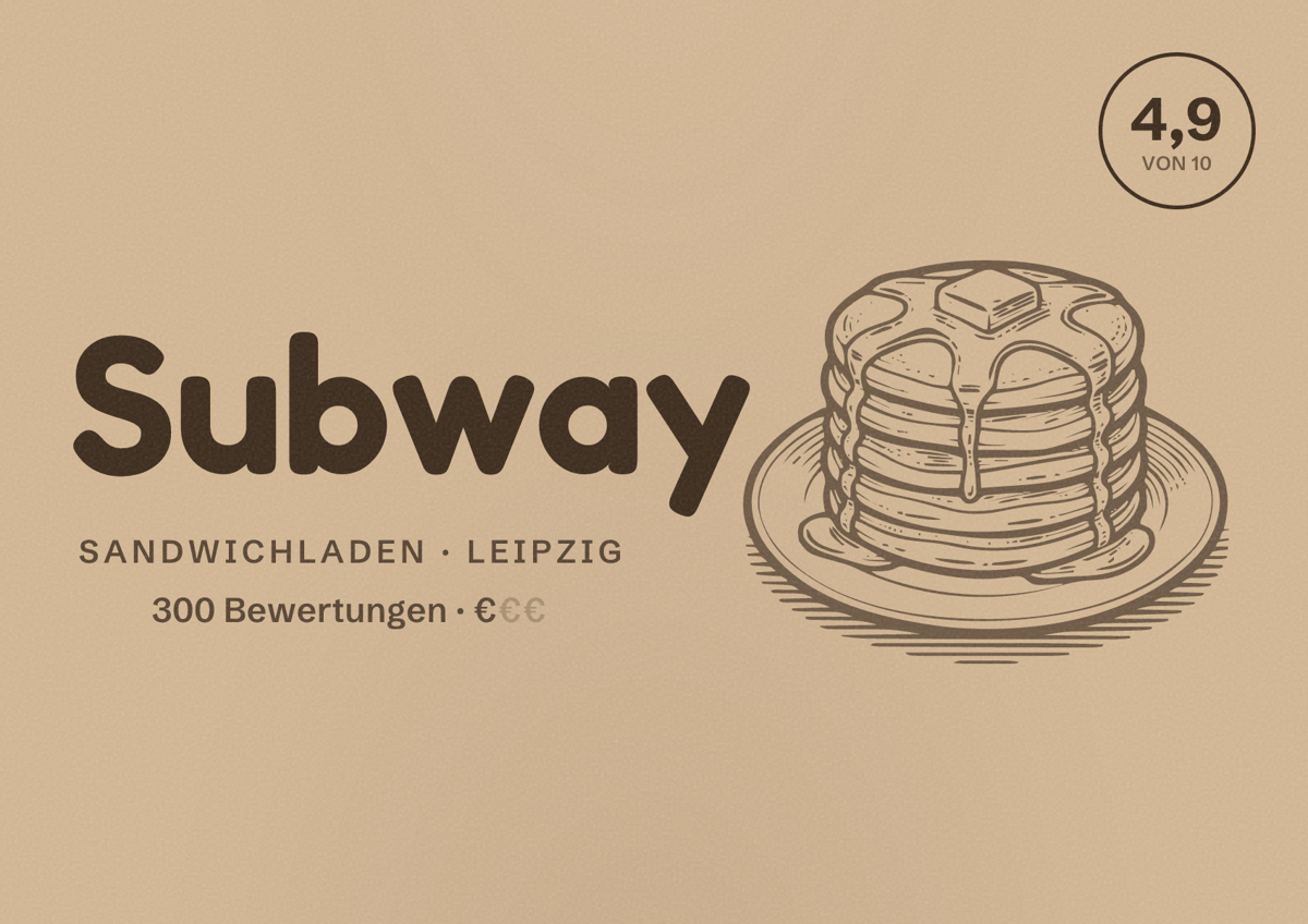 Illustriertes Poster von Subway, Sandwichladen in Leipzig: Bewertung 4,9 von 10 aus 300 Bewertungen, Preisniveau €