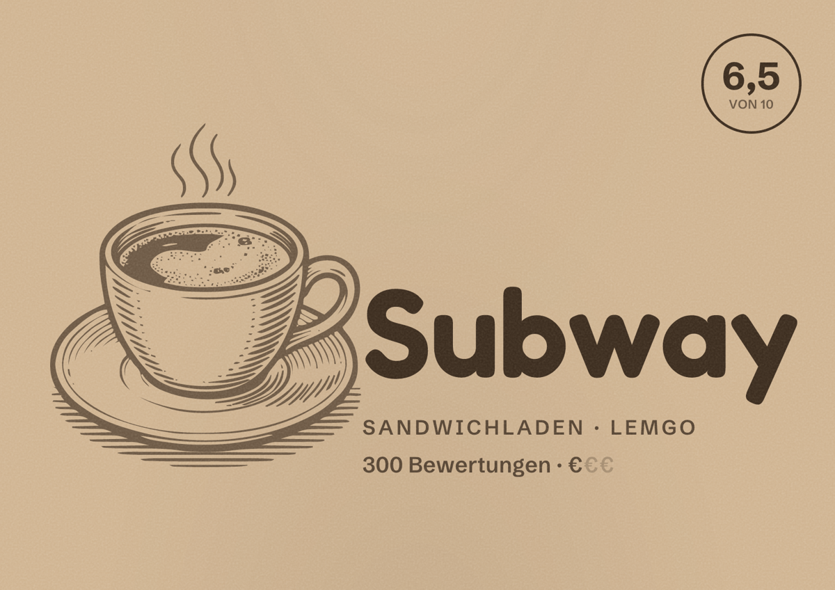 Illustriertes Poster von Subway, Sandwichladen in Lemgo: Bewertung 6,5 von 10 aus 300 Bewertungen, Preisniveau €