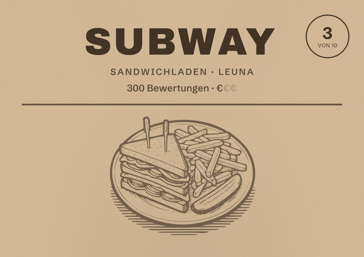 Illustriertes Poster von Subway, Sandwichladen in Leuna: Bewertung 3 von 10 aus 300 Bewertungen, Preisniveau €