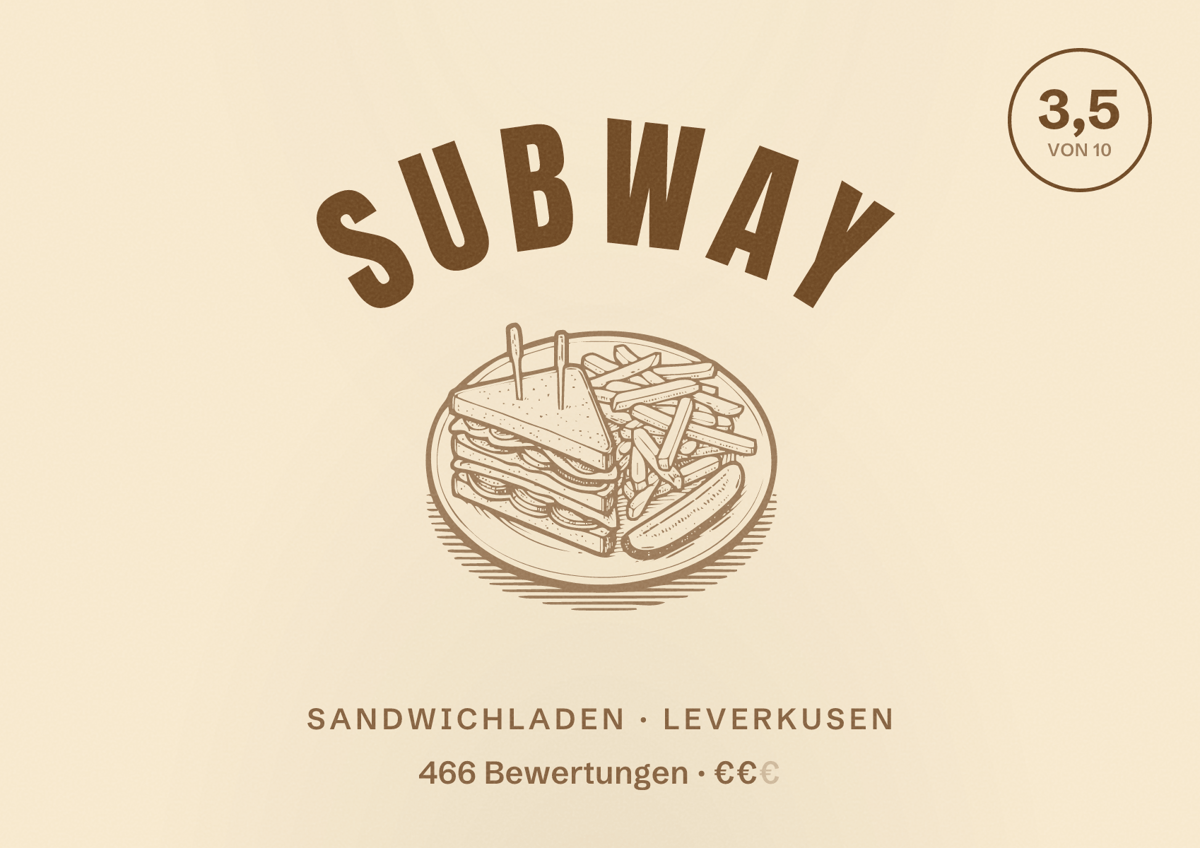 Illustriertes Poster von Subway, Sandwichladen in Leverkusen: Gästebewertung 3,5 von 10 aus 466 Bewertungen