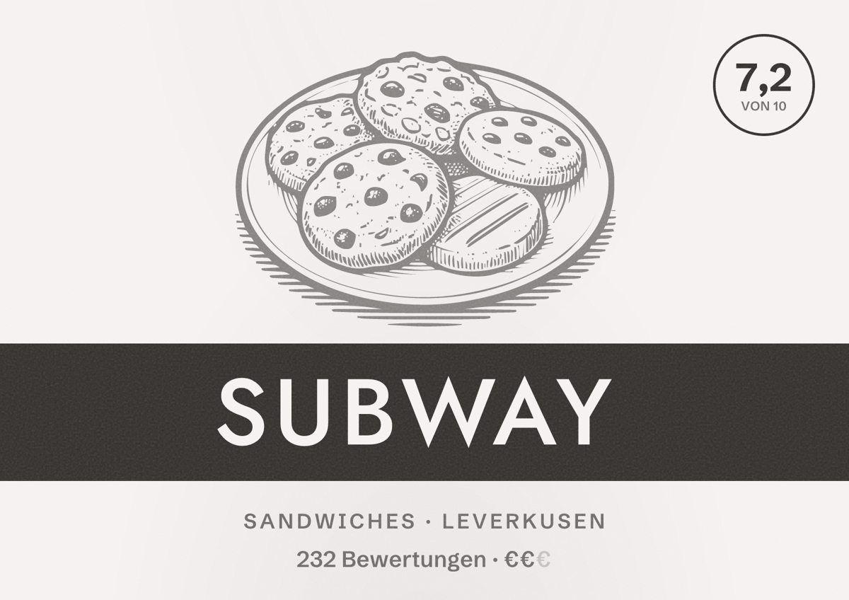Illustriertes Poster von Subway, Sandwiches in Leverkusen: Bewertung 7,2 von 10 aus 232 Bewertungen, Preisniveau €€