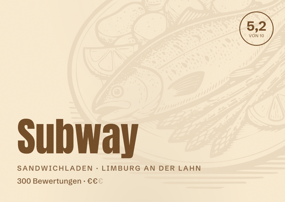 Illustriertes Poster von Subway, Sandwichladen in Limburg an der Lahn: Bewertung 5,2 von 10 aus 300 Bewertungen, Preisniveau €€