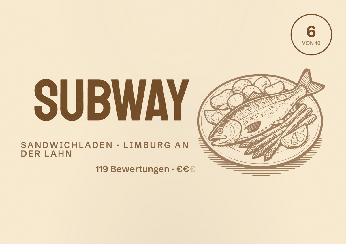 Illustriertes Poster von Subway, Sandwichladen in Limburg an der Lahn: Bewertung 6 von 10 aus 119 Bewertungen, Preisniveau €€