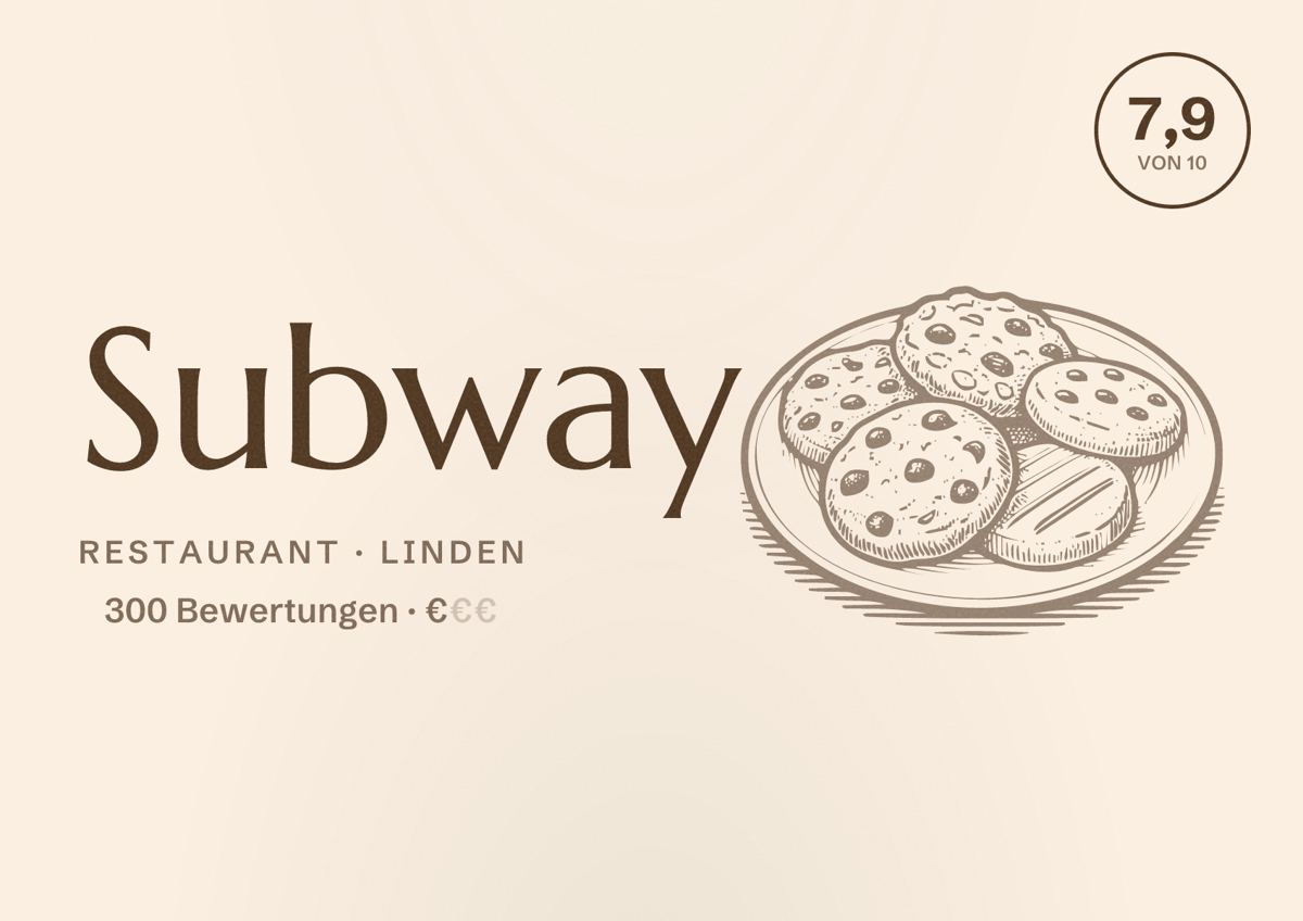 Illustriertes Poster von Subway, Restaurant in Linden: Bewertung 7,9 von 10 aus 300 Bewertungen, Preisniveau €