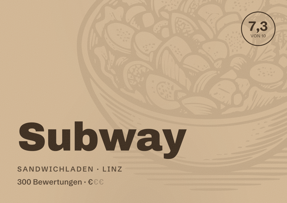 Illustriertes Poster von Subway, Sandwichladen in Linz: Bewertung 7,3 von 10 aus 300 Bewertungen, Preisniveau €