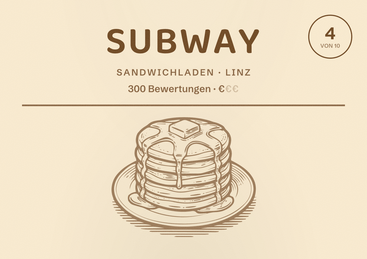Illustriertes Poster von Subway, Sandwichladen in Linz: Bewertung 4 von 10 aus 300 Bewertungen, Preisniveau €