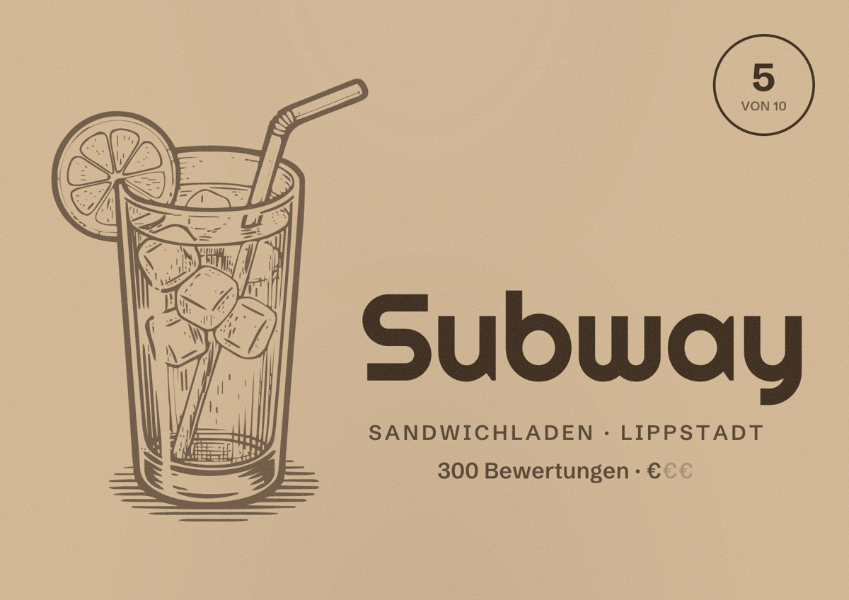 Illustriertes Poster von Subway, Sandwichladen in Lippstadt: Bewertung 5 von 10 aus 300 Bewertungen, Preisniveau €
