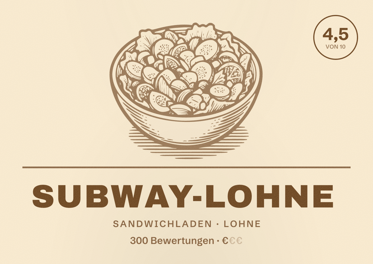 Illustriertes Poster von SUBWAY-Lohne, Sandwichladen in Lohne: Bewertung 4,5 von 10 aus 300 Bewertungen, Preisniveau €