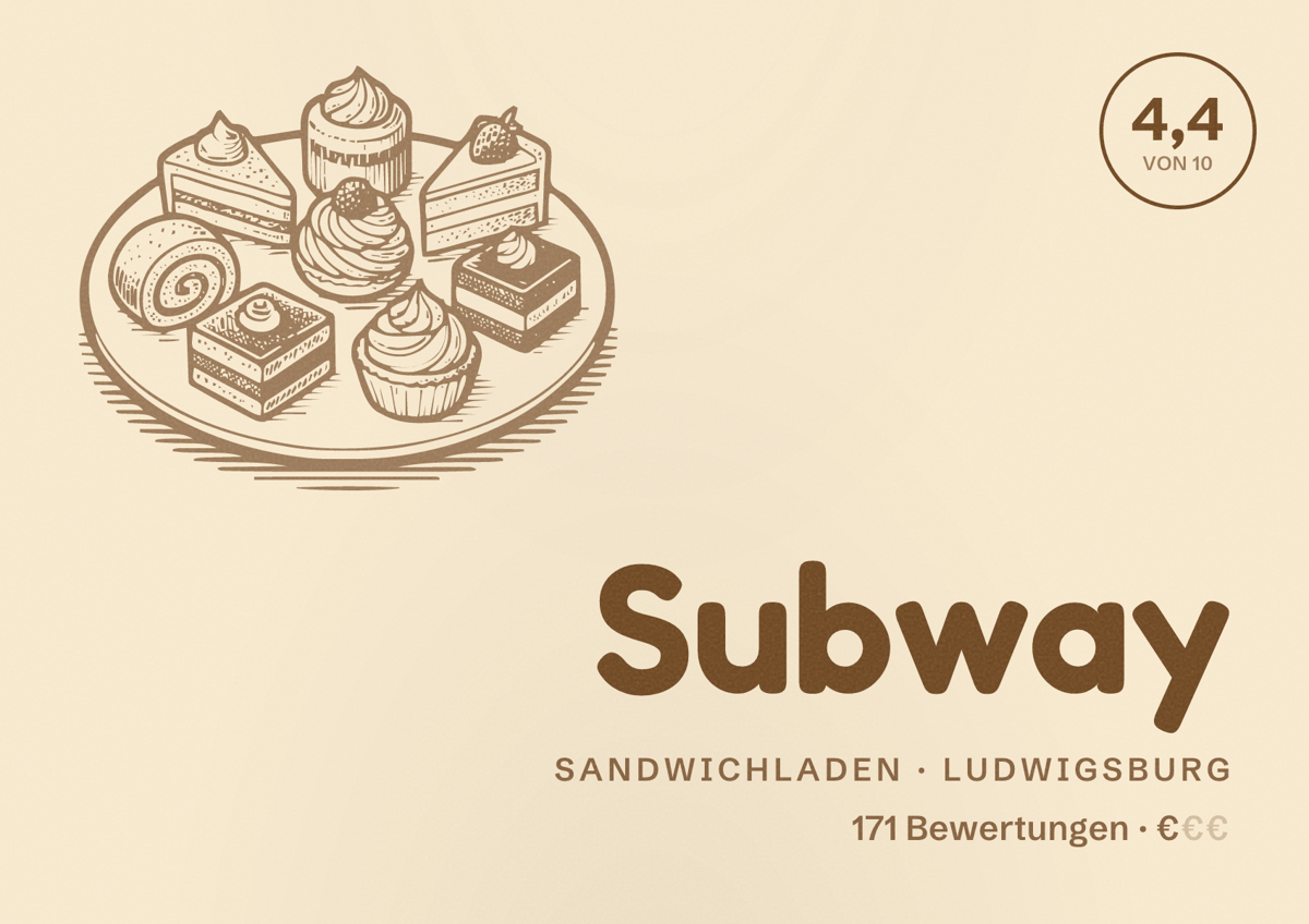 Illustriertes Poster von Subway, Sandwichladen in Ludwigsburg: Bewertung 4,4 von 10 aus 171 Bewertungen, Preisniveau €