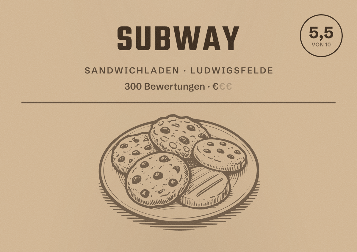 Illustriertes Poster von Subway, Sandwichladen in Ludwigsfelde: Bewertung 5,5 von 10 aus 300 Bewertungen, Preisniveau €