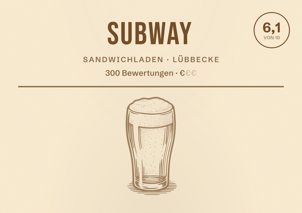 Illustriertes Poster von Subway, Sandwichladen in Lübbecke: Bewertung 6,1 von 10 aus 300 Bewertungen, Preisniveau €