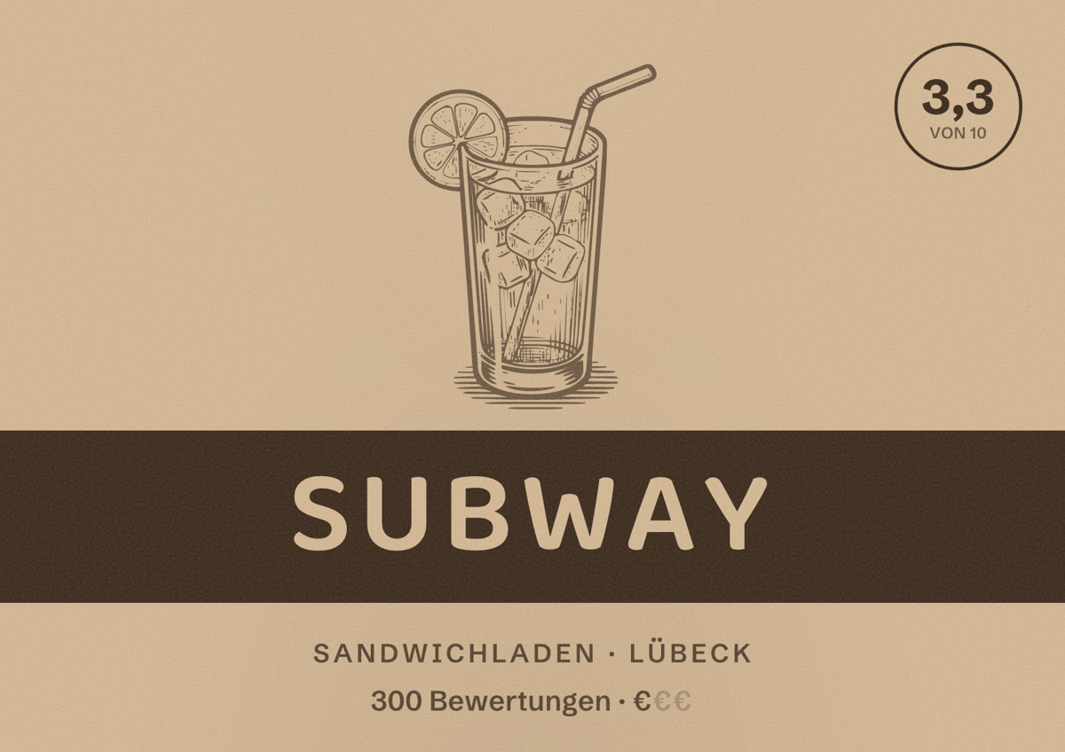 Illustriertes Poster von Subway, Sandwichladen in Lübeck: Bewertung 3,3 von 10 aus 300 Bewertungen, Preisniveau €