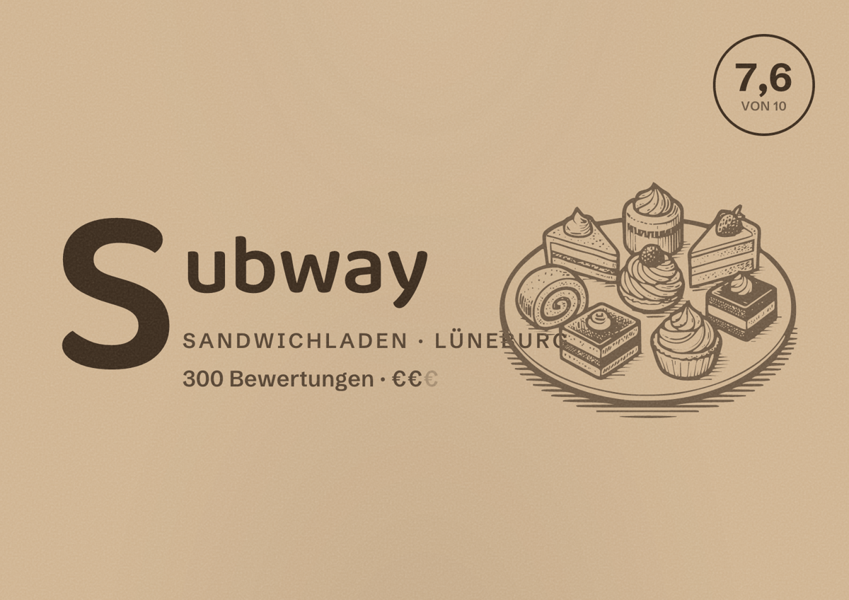 Illustriertes Poster von Subway, Sandwichladen in Lüneburg: Bewertung 7,6 von 10 aus 300 Bewertungen, Preisniveau €€