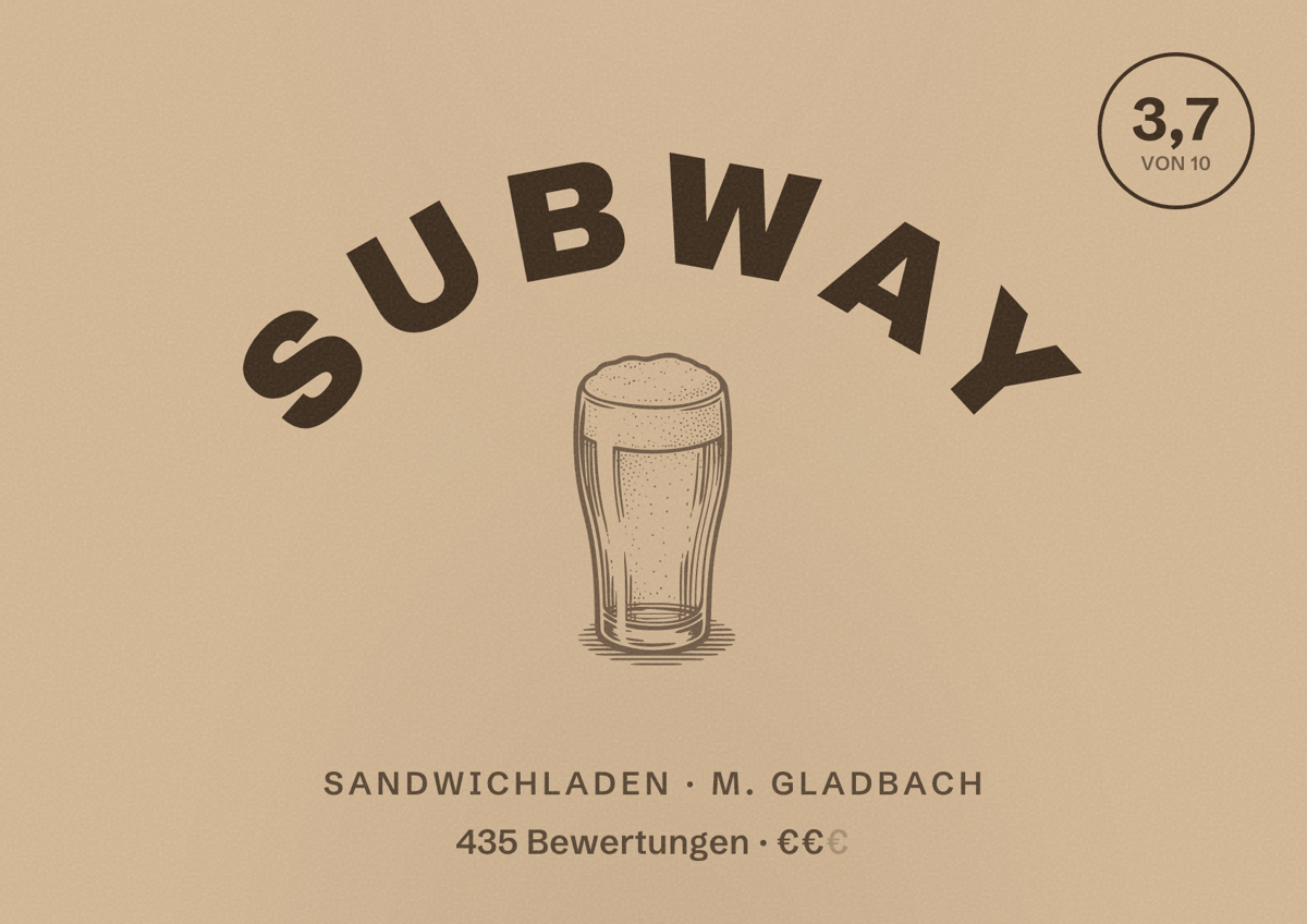 Illustriertes Poster von Subway, Sandwichladen in M. Gladbach: Bewertung 3,7 von 10 aus 435 Bewertungen, Preisniveau €€
