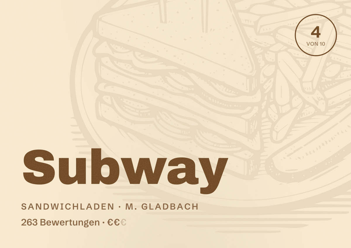 Illustriertes Poster von Subway, Sandwichladen in M. Gladbach: Bewertung 4 von 10 aus 263 Bewertungen, Preisniveau €€