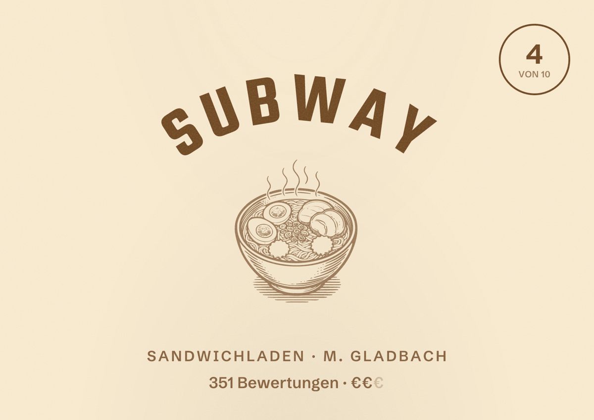 Illustriertes Poster von Subway, Sandwichladen in M. Gladbach: Bewertung 4 von 10 aus 351 Bewertungen, Preisniveau €€