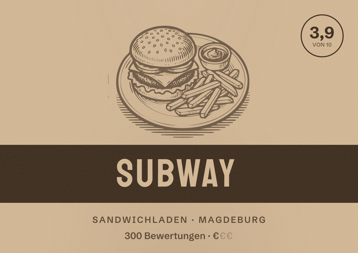 Illustriertes Poster von Subway, Sandwichladen in Magdeburg: Bewertung 3,9 von 10 aus 300 Bewertungen, Preisniveau €