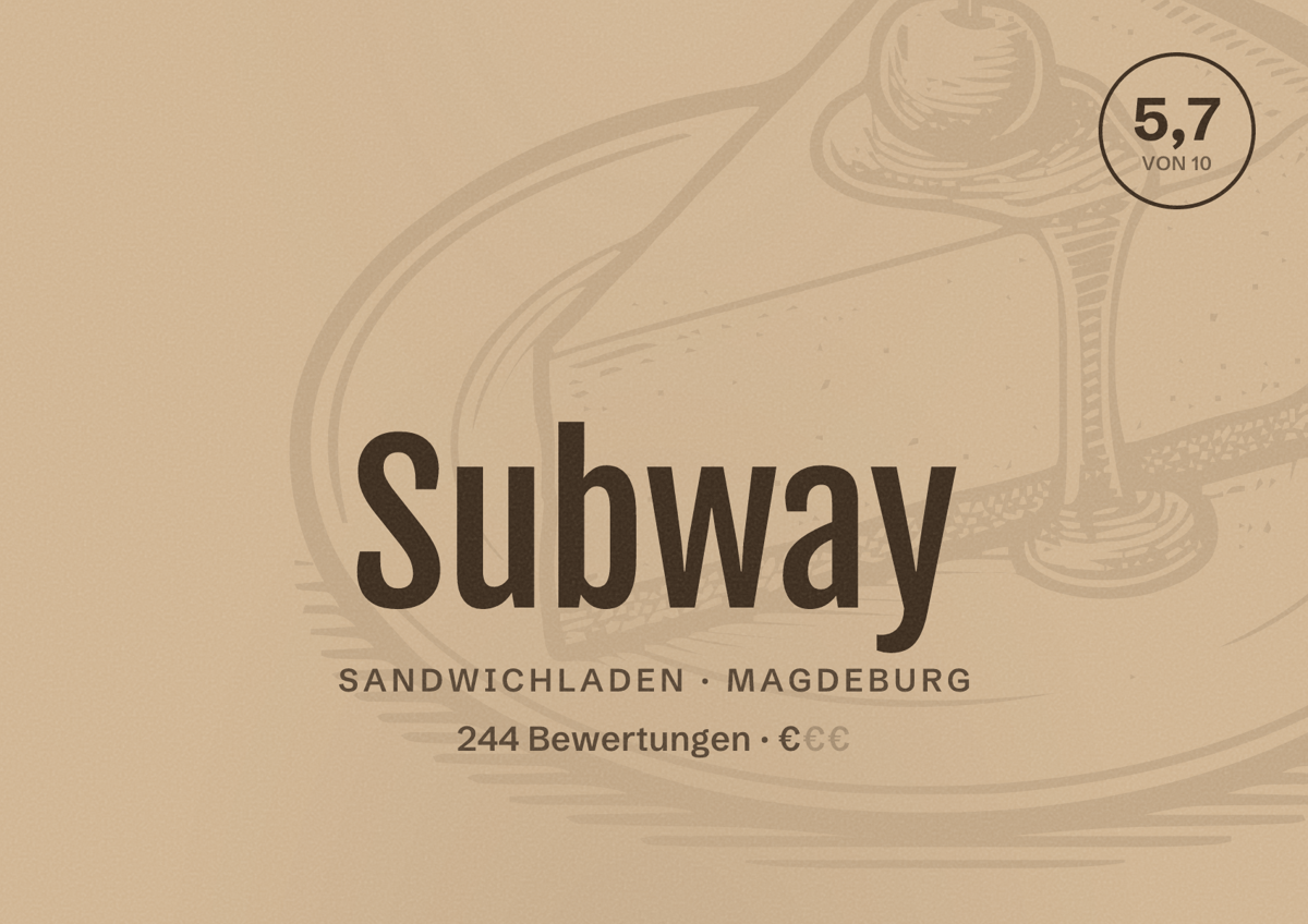 Illustriertes Poster von Subway, Sandwichladen in Magdeburg: Bewertung 5,7 von 10 aus 244 Bewertungen, Preisniveau €