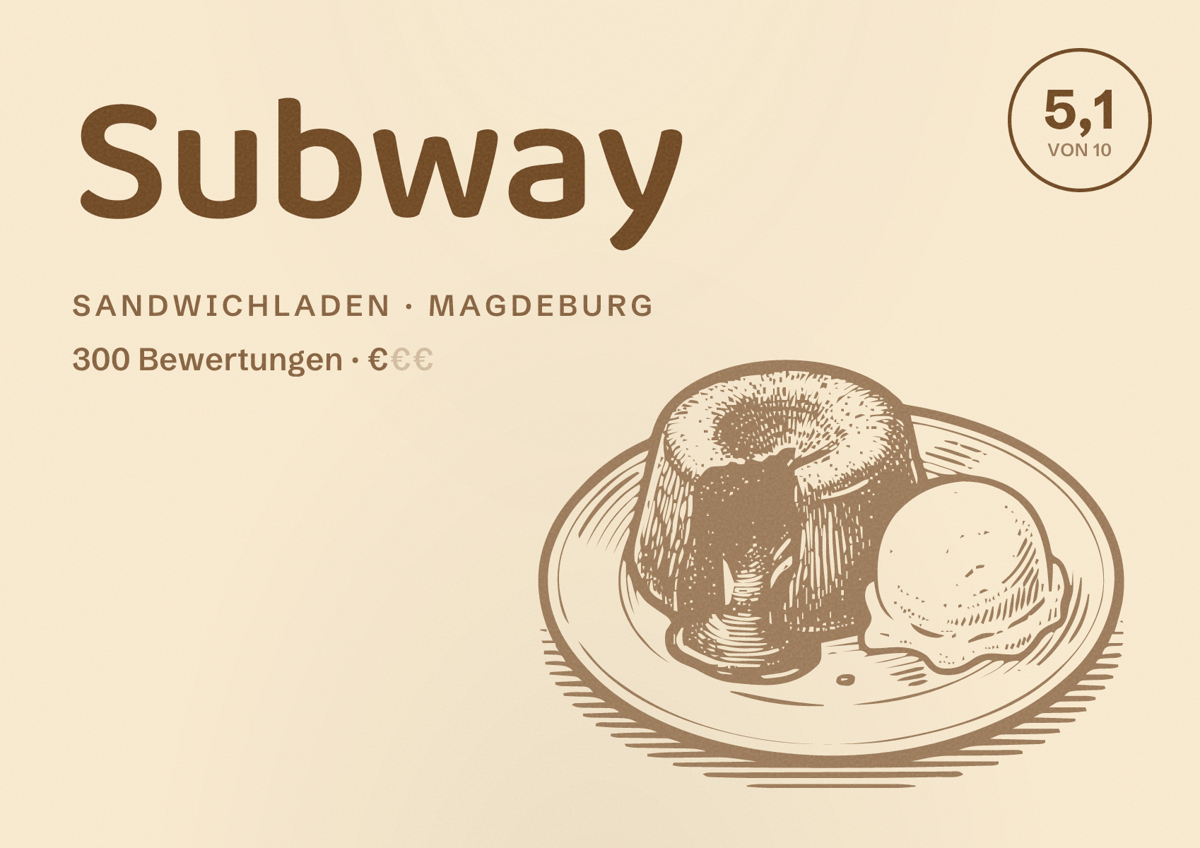 Illustriertes Poster von Subway, Sandwichladen in Magdeburg: Bewertung 5,1 von 10 aus 300 Bewertungen, Preisniveau €
