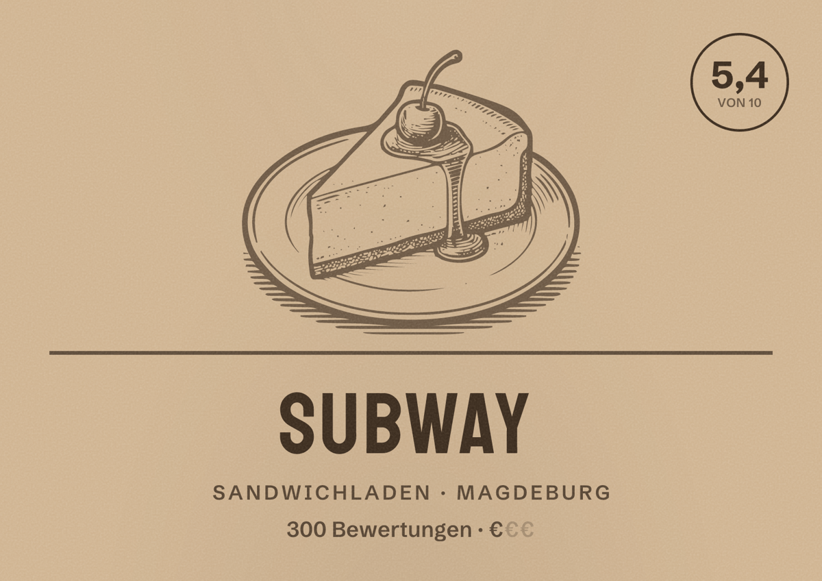Illustriertes Poster von Subway, Sandwichladen in Magdeburg: Bewertung 5,4 von 10 aus 300 Bewertungen, Preisniveau €